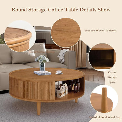 Round Coffee Table - Bamboo Woven Tabletop & Anti-Skid Solid Wood Legs 30.5" Rustic Center Tables with with Ample Storage Space for Living Room Apartment (Round 30.5in)