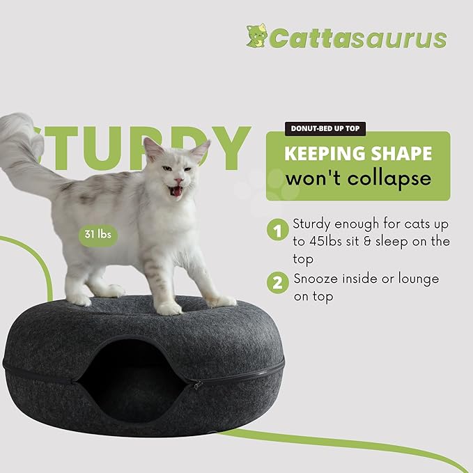 Cattasaurus Peekaboo Cat Cave, Extra Spacious for Multiple & Large Cats 12+ lbs, Scratch Detachable Beds for Indoor Cats, Washable Tunnel Bed, Comfy Cat Donut Tunnel (Light Gray+Dark Gray, Jumbo)