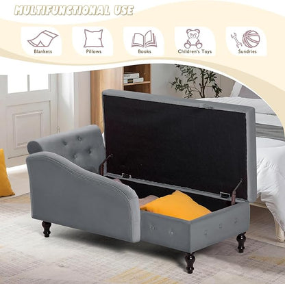 ACMEASE Upholstered Chaise Lounge with Right Armrest & Lumbar Pillow,Button Tufted Lounge Sofa with Storage,Lounge Chair Indoor,Modern Velvet Lounge Chair for Bedroom, Living Room and Office,Grey