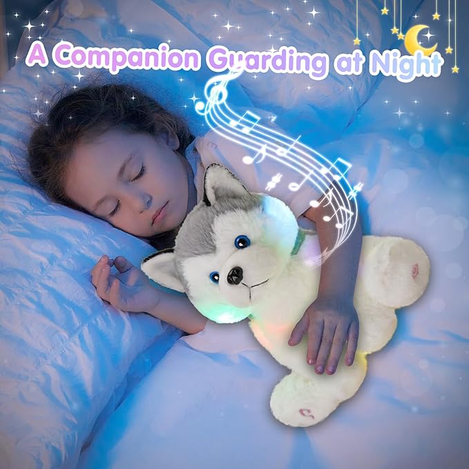 Houwsbaby 12'' Gray Light Up Musical Stuffed Animal Husky Singing LED Dog Glowing Plush Toy Lullaby Animated Soothe Birthday Festival Present for Kids Toddler Girls