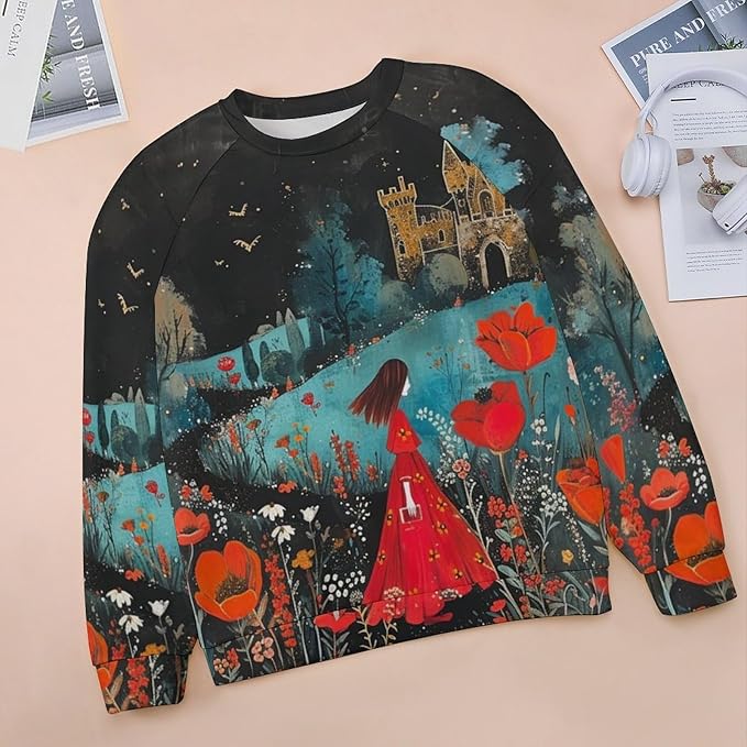 Long Sleeve Shirts for Women Cat Oil Painting Shirt 3D Graphic Sweatshirts Fall Pullover Crewneck Vintage Boho Tops