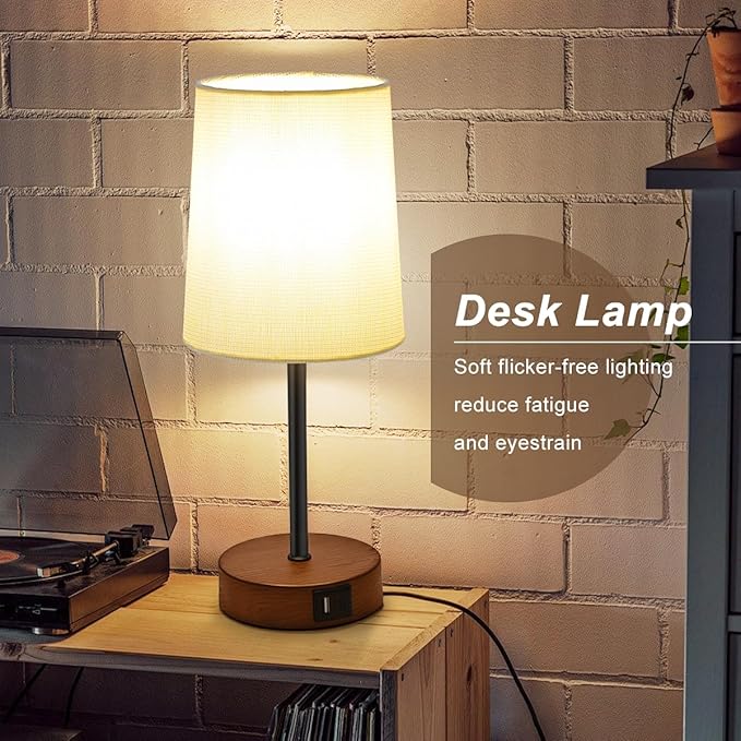 Modern USB & Type-C Bedside Lamp with Touch Control, Dimmable Table Lamp with White Fabric Shade Enhanced with Gold Threads, Includes LED Bulb - Ideal for Bedroom, Office, Dorm