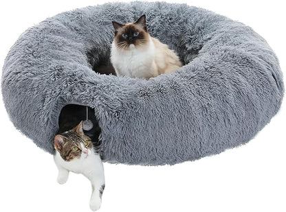 PAWZ Road Large Cat Tunnel, Cat Tunnel Bed with Central Soft Mat and Dangling Balls, Collapsible Fluffy Plush Cat Tube (9.8 Inches in Diameter) for Indoor Cats, Rabbits and Puppies