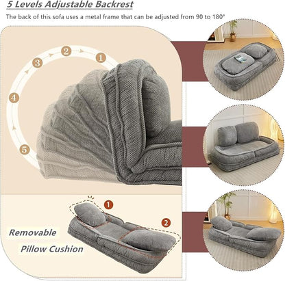 Foldable Lazy Sofa Bed with 5 Levels Adjustable Backrest, Gray | Comfy Upholstered Human Dog Bed for Adults and Pets, Lazy Floor Lounger with 2 Soft Cushions for Living Room Bedroom