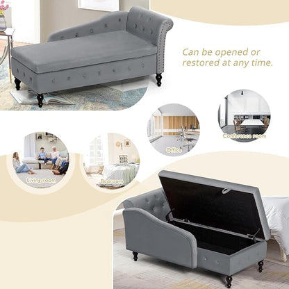 ACMEASE Upholstered Chaise Lounge with Right Armrest & Lumbar Pillow,Button Tufted Lounge Sofa with Storage,Lounge Chair Indoor,Modern Velvet Lounge Chair for Bedroom, Living Room and Office,Grey