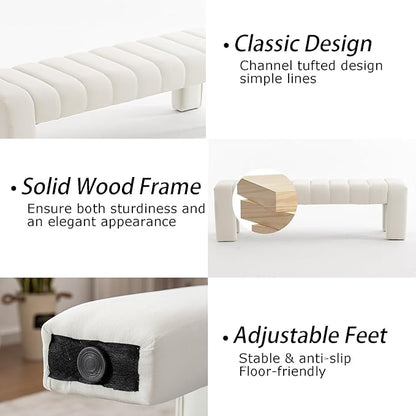 AIITTCC Velvet End of Bed Bench Upholstered Modern 59" Bedroom Bench for King Bed Bench Tufted Window Bench Comfy Long Ottoman for Living Room/Entry/Indoor (Ivory White, 59" Wide)