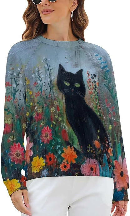 Long Sleeve Shirts for Women Cat Oil Painting Shirt 3D Graphic Sweatshirts Fall Pullover Crewneck Vintage Boho Tops