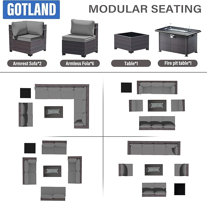 Gotland 10 Pieces Patio Furniture Set with Fire Pit Table, All Weather Rattan Outdoor Furniture with 29.5'' High Backrest 4’’ Thick Cushions Coffee Table, Outdoor Sofa for Deck, Garden, Backyard, Gray