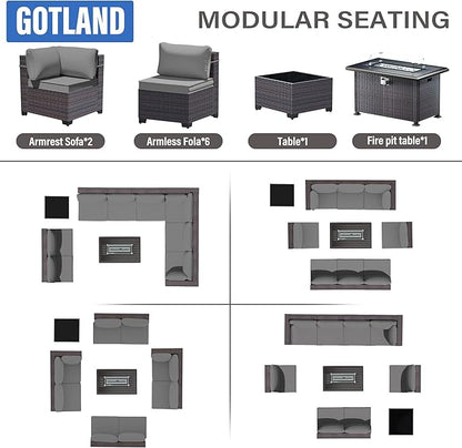 Gotland 10 Pieces Patio Furniture Set with Fire Pit Table, All Weather Rattan Outdoor Furniture with 29.5'' High Backrest 4’’ Thick Cushions Coffee Table, Outdoor Sofa for Deck, Garden, Backyard, Gray