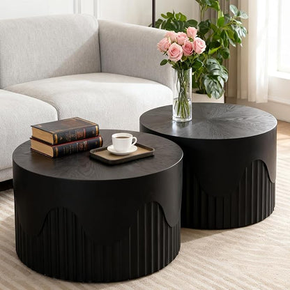 Round Nesting Coffee Table Set of 2, Round Fluted Coffee Tables for Living Room Modern Nesting End Side Tables for Small Spaces (E Black)