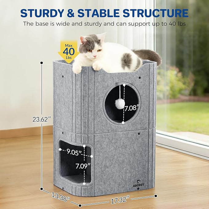 Cat House for Indoor Cats Large Cat Bed Cave 2-Storey Cats Condo with Cozy Felt Covered Hideaway for Multiple Pets Gray