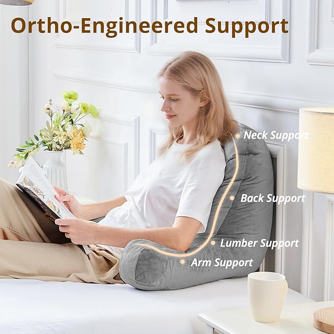 Sasttie Reading Pillows for Sitting in Bed Adult, Velvet Back Pillow Bed Sitting Up, Back-Rest Support Cushion for Sit Up on Couch, Sofa, and Floor, Dorm Essentials, Oeko-Tex Certified, Dark Grey