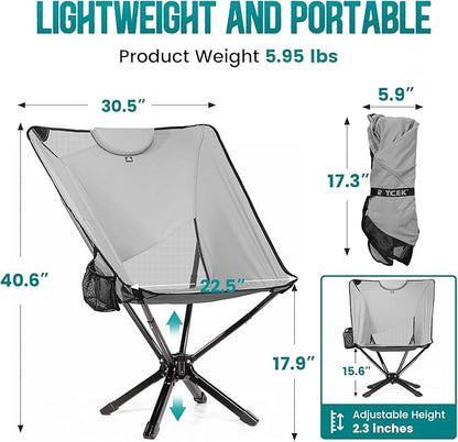 TCEK Portable High Back Camping Chair with Adjustable Height, Small Compact Outdoor Folding Chair for Adults Travel, Riselite Collapsible Lightweight Packable Camp Chairs, Easy Carry and Quick Setup