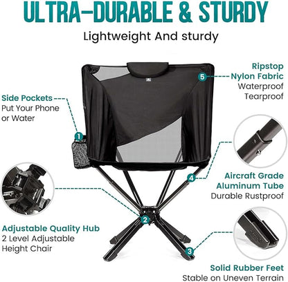 TCEK Portable High Back Camping Chair with Adjustable Height, Small Compact Outdoor Folding Chair for Adults Travel, Riselite Collapsible Lightweight Packable Camp Chairs, Easy Carry and Quick Setup