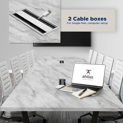 ahliss Sturdy Conference Table with Cable Management Grommets Modern Rectangle Office Meeting Table with Wood Tabletop and Metal Frame & Legs- Easy Assembly Boardroom Table (White Marble, 10 Foot)