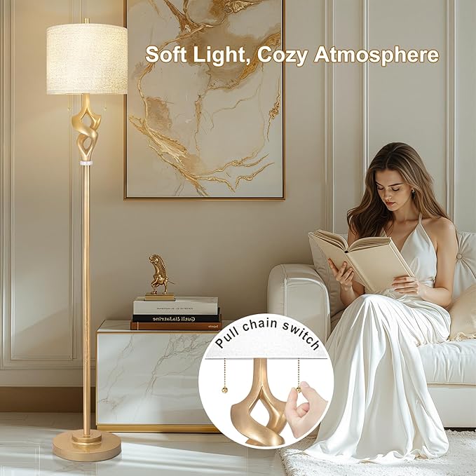 Scenekoy Sculptural 65.5” Floor Lamp for Living Room Bedroom, Gold Leaf Finish & Resin Body, Pull Chains Switch Standing Lamp, Brightness Adjustable Corner Lamp with Bulb Prefer for Home Office Bar