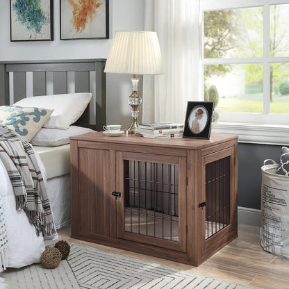 unipaws 36 Inch Furniture Style Dog Crate End Table with Cushion, Wooden Wire Pet Kennels with Double Doors, Medium Dog House Indoor Use (Walnut, Medium)