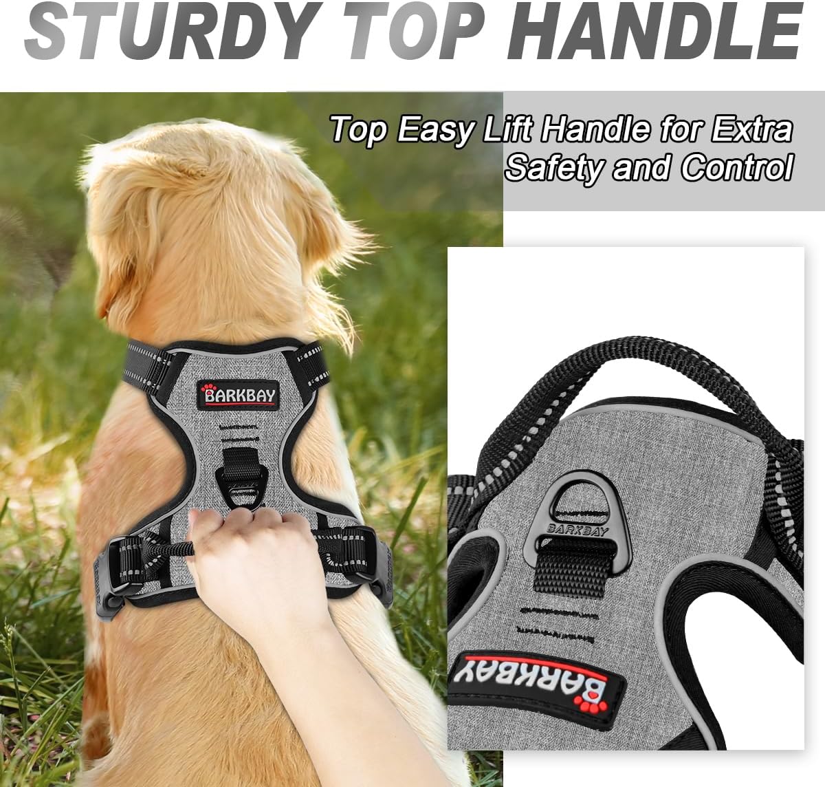 BARKBAY No Pull Dog Harness Front Clip Heavy Duty Reflective Easy Control Handle for Large Dog Walking(Dark Grey,L)