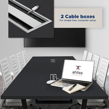 ahliss Sturdy Conference Table with Cable Management Grommets Modern Rectangle Office Meeting Table with Wood Tabletop and Metal Frame & Legs- Easy Assembly Boardroom Table (Black, 8 Foot)