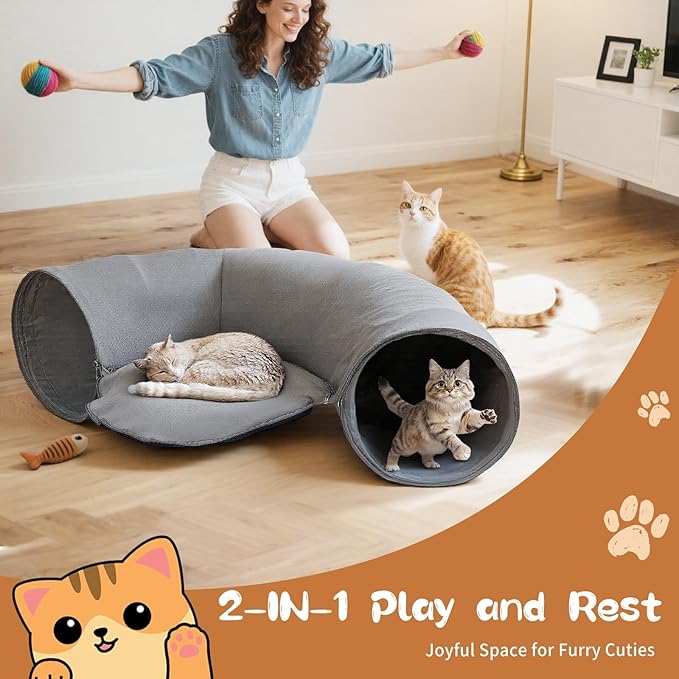 Pawaboo 2-in-1 Cat Tunnel Bed for Indoor Cats, 8-Shaped Large Cat Tunnels with Plush Cushions, Foldable Cats Cave Hideout Kitty Toys with Fluffy Balls, Donut Tunnel for Kitten Rabbit Ferret, Grey