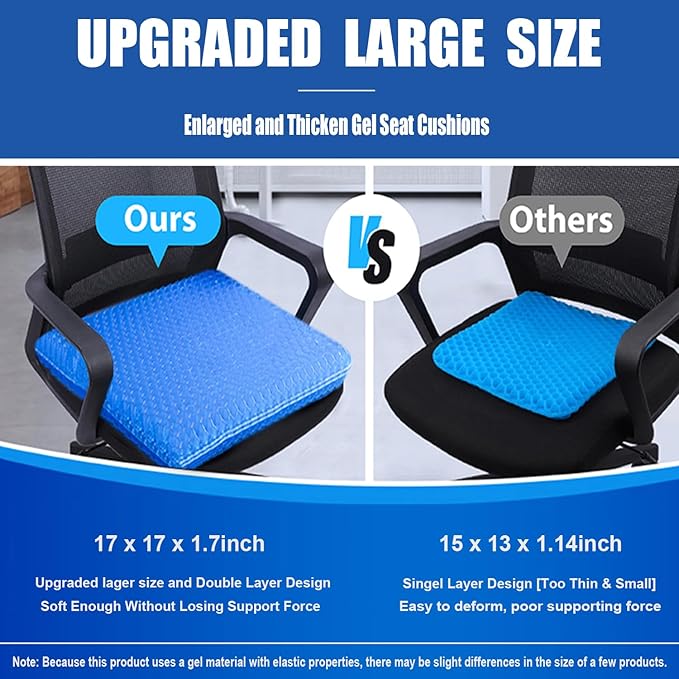 Gel Seat Cushion for Long Sitting Pressure Relief (Super Large & Thick) - Non-Slip Gel Chair Cushions for Back,Sciatica,Tailbone Pain Relief - Seat Cushion for Office Desk Chair,Car Seat,Wheelchair