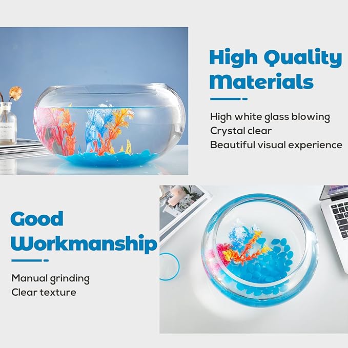 2 Gallon Glass Fish Bowl with Decor, Include Fluorescent Stones & Colorful Plastic Trees, High White Glass for Clear View, Small Fish Bowl/Vase/Aquarium for Betta Fish/Goldfish, Nice Home Décor