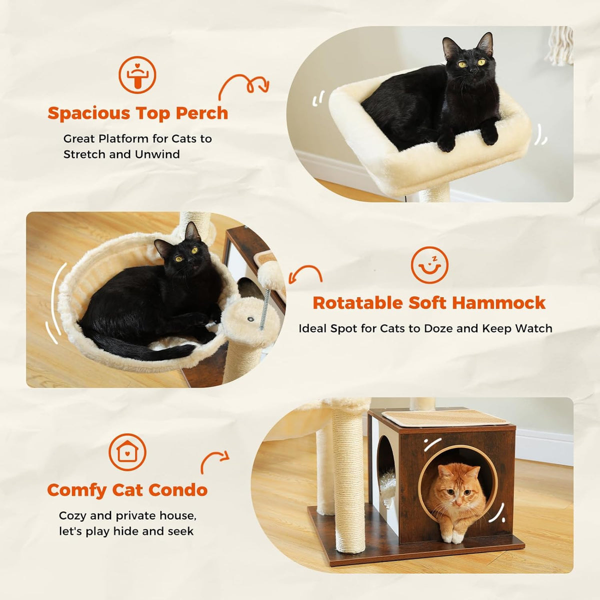 PEQULTI Modern Cat Tree for Indoor Cats,Multilevel Play House Cat Tower with Cat Condo, Scratching Post, Cozy Hammock and Plush Pompom, Brown