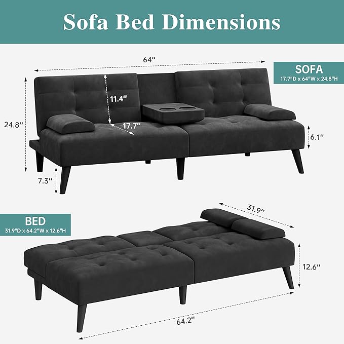Meilocar Convertible Futon Sofa Bed Couch, Small Sofa Couch Recliner, 64" Adjustable Sleeper Sofa Bed for Living Room, Removable Armrest, 2 Cup Holders, Black