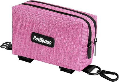 PetBonus Dog Poop Bag Holder, Portable Pet Waste Bag Dispenser, 2 Pouches for Treats and Walking Accessories, Fit All Leashes, Includes 1 Roll of Dog Poop Bags (Pink)