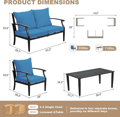 SunloungeCo 4-Piece Patio Furniture Set, Wider Outdoor Metal Seating Sofa with High Back & Loveseat, Coffee Table, All Weather Metal Conversation Set for Backyard, Poolside, Deck-Peacock
