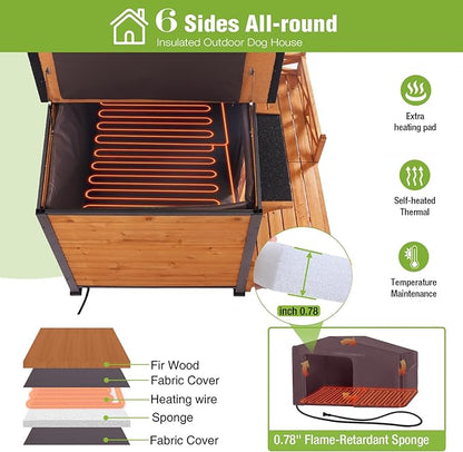 GUTINNEEN Extra Large Heated Dog House Insulated Dog Kennel Weatherproof Dog Shelter with Safe Heating Pad, Insulated Liner, Chew-Proof Metal Frame for Large Dog Breeds, 60.3" L x 50.3" D x 35.4" H