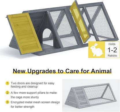 Rabbit Hutch Outdoor Chicken Coop Wooden A-Frame Small Animal Cage Quail Cage w/Chicken Run & Ventilated Wire Fence Suitable for Garden Backyard Farms 47 x 18 x 19.5 in (Grey)