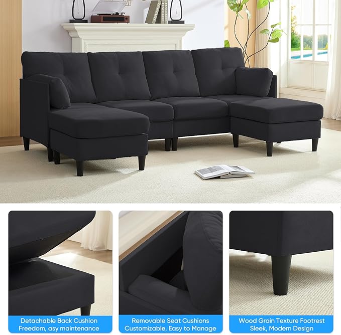 PUREMIND Sectional Couches for Living Room, Modern Snow Velvet U-Shaped Sofa Couch with Double Chaise, Upholstered 4 Seater Home Sofa for Living Room, Apartment, Office, Dark Grey
