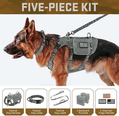 Forestpaw Tactical Dog Harness for Large Dogs,Tactical Dog Collar with Bungee Leash Set,No Pull Military Dog Harness for Walking Training,Adjustable for Medium Large Dogs,Gray,Chest 27-40"