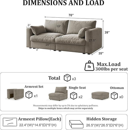 Cloud Modular Sectional Sofa Couch with Storage Ottoman, 70" Oversized Sectional Couches for Living Room, Cloud Modular I-Shaped Sofa with Chaise, Loveseat, Chenille, Light Gray