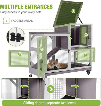 GUTINNEEN 2-Story Rabbit Hutch Indoor Bunny Cage Outdoor Guinea Pig House Wooden Small Animal Cage with Chew-Proof Ramp, Leak-Proof Tray, Lockable Wheels for 2-4 Rabbits, Guinea Pigs (Grey)