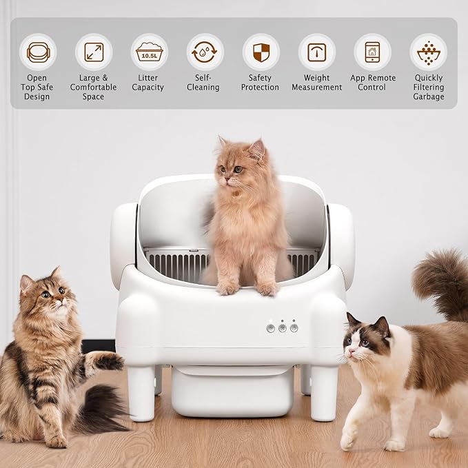 Self Cleaning Litter Box,Open Top Automatic Litter Box with App Control for Multiple Cats, Safety Sensors Protection, Odor Control Includes 2 roll Liners,Large Waste Bin, Cream White