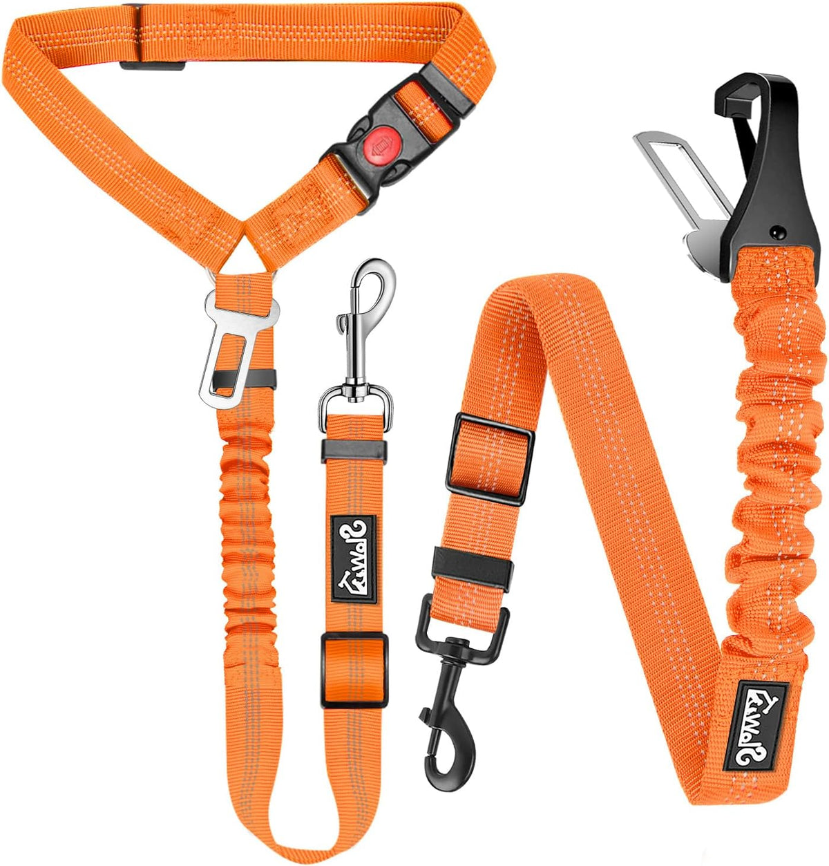 Lukovee Dog Seatbelt Leash for Cars, 2 Pack Pet Safety Car Seat Belt with Adjustable Buckle & Reflective Bungee, Connect Dog Harness in Vehicle Car Dogs Restraint Travel Daily Use (Orange)