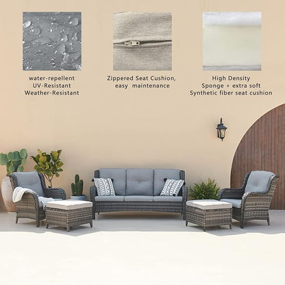 Rilyson Outdoor Patio Wicker Furniture Set - 5 Piece Rattan Patio Conversation Sectional Sofa Set with 1 Couch,2 Armchairs,2 Ottomans for Porch Deck Garden(Mixed Grey/Grey)