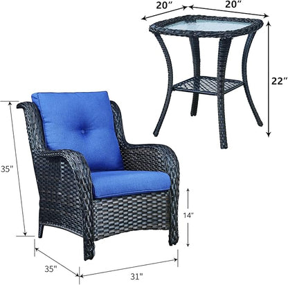 Rilyson Patio Bistro Set Wicker Chairs - 3 Piece Outdoor Rattan Conversation Set with 2 Armrest Chair and 1 Side Table for Proch Deck Garden Backyard Balcony(Brown/Blue)
