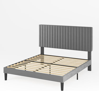 Allewie Queen Bed Frame, Velvet Upholstered Platform Bed with Adjustable Vertical Channel Tufted Headboard, Mattress Foundation with Strong Wooden Slats, Box Spring Optional, Easy Assembly, Grey