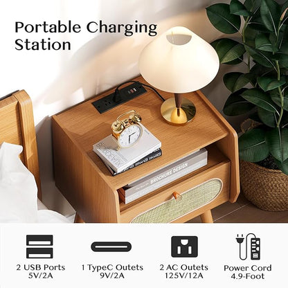 Night Stand Set 2, Mid Century Modern Nightstands Drawer, Rattan Bedside Table with Charging Station, Boho End Table with Storage, Wood Bed Side Tables for Bedroom, Small Space, Cherry