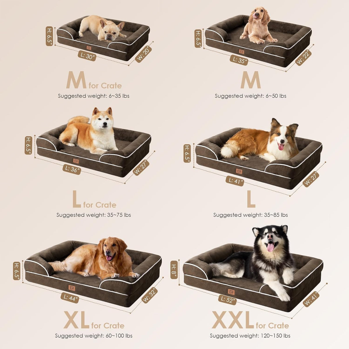EHEYCIGA Orthopedic Dog Bed for Medium Dogs, Waterproof Memory Foam Medium Dog Beds with Sides, Non-Slip Bottom and Egg-Crate Foam Pet Couch Bed with Washable Removable Cover, Brown
