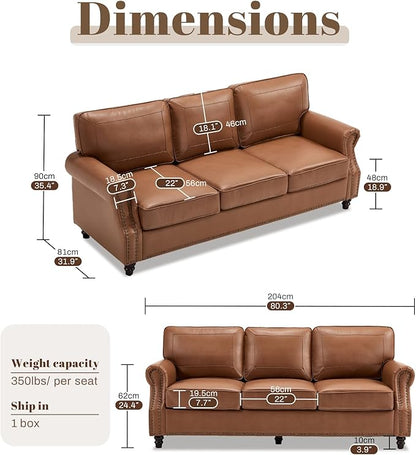 WILLOVE 79'' Faux Leather Sofa, Classic 3 Seater Leather Couch with Rolled Arm and Nailhead Trim, Mid-Century Modern Couch for Living Room, Apartment, Easy to Install, Brown