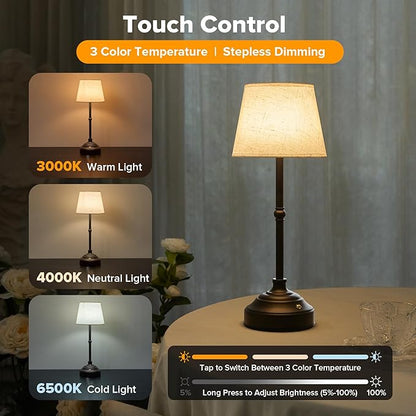 Cordless Table Lamp, Rechargeable Desk Lamp with Fabric Shade, Battery Operated Lamp 3 Color Stepless Dimming, Portable Small Touch Bedside Lamp Home Decor for Dining, Counter (Matte Black)