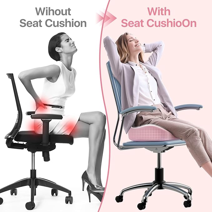 CJACSOC Seat Cushion, Extra Large Memory Foam Cushion for Office Chair Cushions, Ergonomic Cushions Pad Pillow for Pressure Relief Sciatica & Pain Relief for Long Sitting, Pink