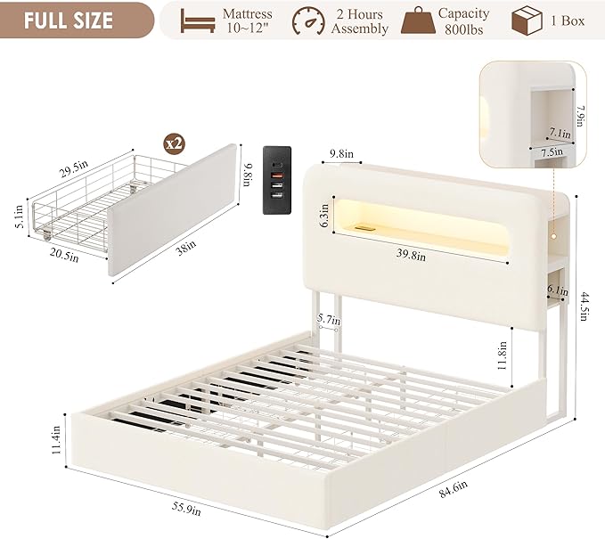 HOSTACK Full LED Bed Frame with Storage Headboard and Charging Station, Kids Bed Frame with 4 Drawers and USB Ports, Velvet Upholstered Platform Bed Frame with Bookcase, No Box Spring Needed, Cream