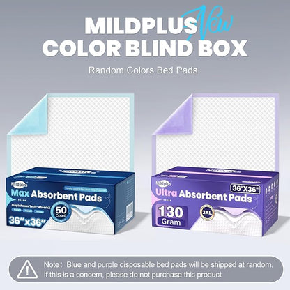 MILDPLUS Heavy Duty Underpad 36''x36'' (Blue or Purple) | 125 Grams, Extra Large Chucks Pads, Disposable Bed Pads, Super Absorbent Incontinence Pads for Adults, Kids, Pee Pads