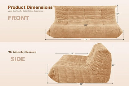 Bean Bag Chair,Giant Beanbag Chairs for Adults,Comfy Large Fireside Chair Lazy Sofa,Corduroy Bean Bag Lounger with Memory Foam Filled,Floor Sofa Couch for Home,Living Room (Khaki, 3-Seater)