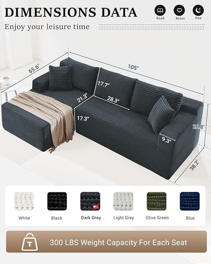 105 Inch Cloud Sectional Couch,Modern Modular Sectional Sofa with Deep Seat,Corduroy Boneless Couches with L-Shape Chaise for Living Room Bedroom,No Assembly Required (Dark Grey, Left Facing Chaise)